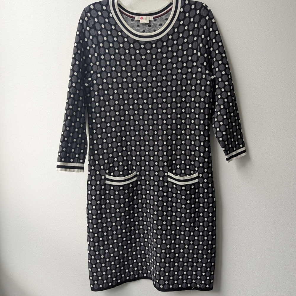 Boden Shift Dress Knit Sweater Black Grey Polka Dot Pockets Sz 12 Mod Retro